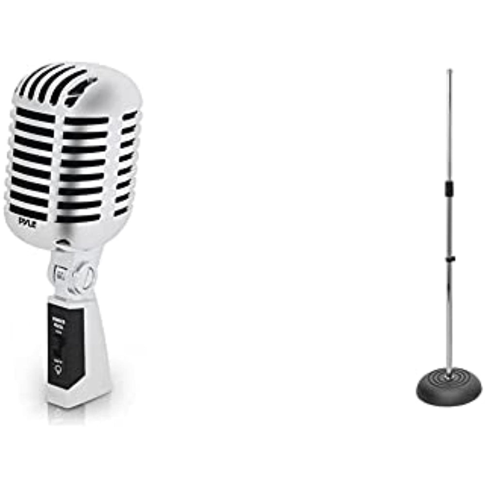 Classic Retro Dynamic Vocal Microphone - Old Vintage Style Unidirectional Cardioid Mic with XLR Cable (Silver) & On-Stage MS7201CH Round Base Microphone Stand, Chrome