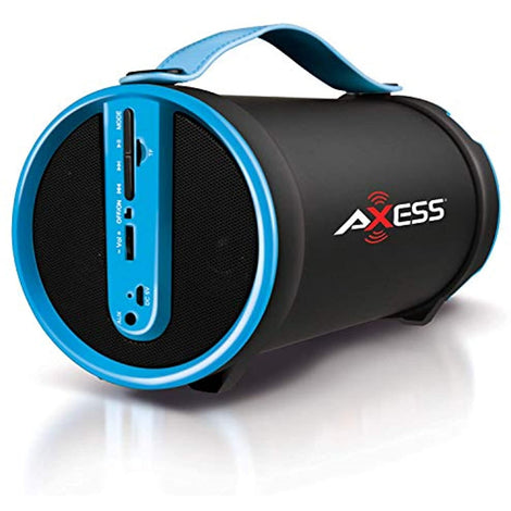 Axess SPBT1033 Portable Bluetooth Indoor/Outdoor 2.1 Hi-Fi Cylinder Loud Speaker with Built-In 4" Sub and FM Radio, SD Card, AUX Inputs in Blue