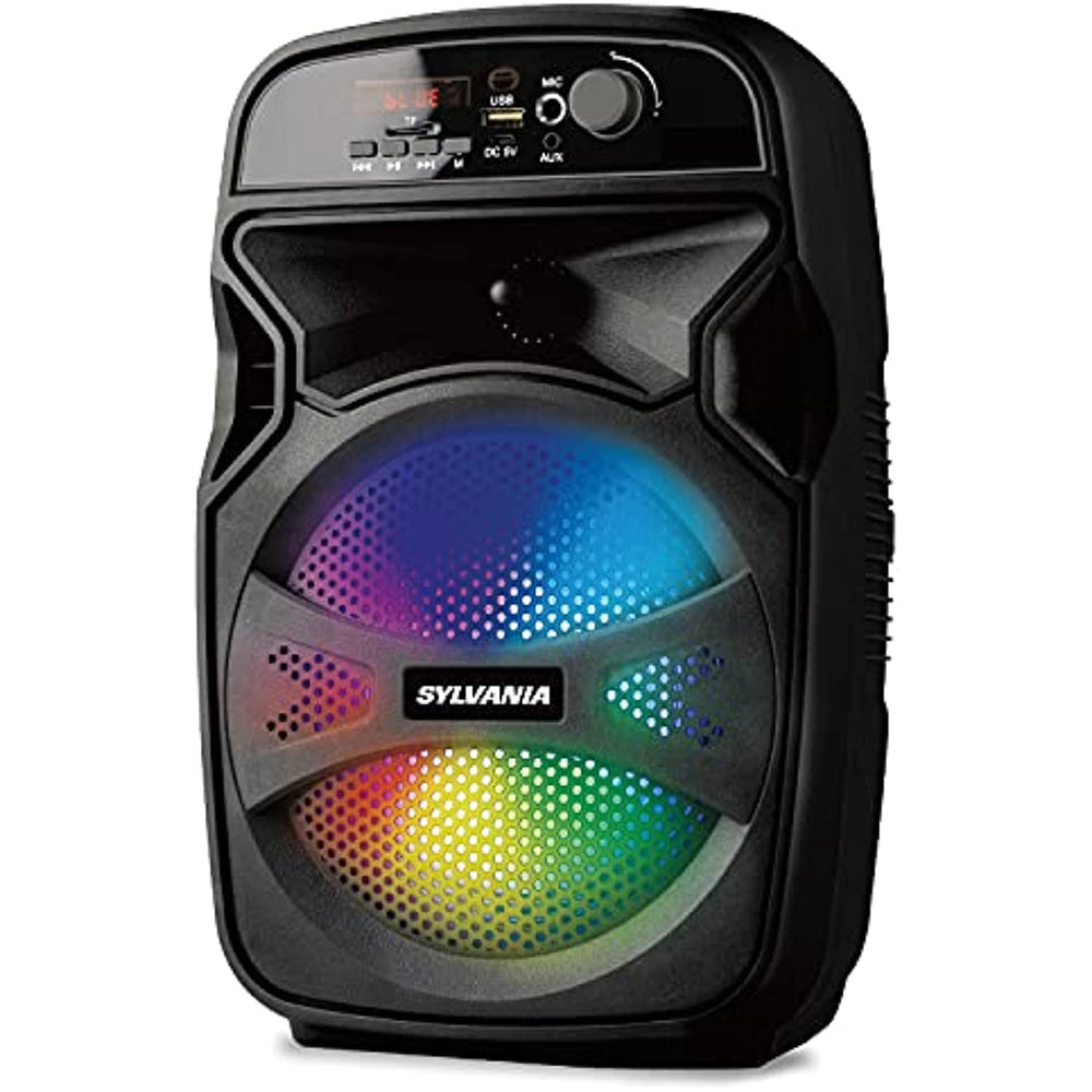Sylvania Spa657-b Rechargeable 6.5-inch 10-watt Portable Bluetooth Tailgate Speaker With Fm Radio, Led Lighting, And Karaoke Function