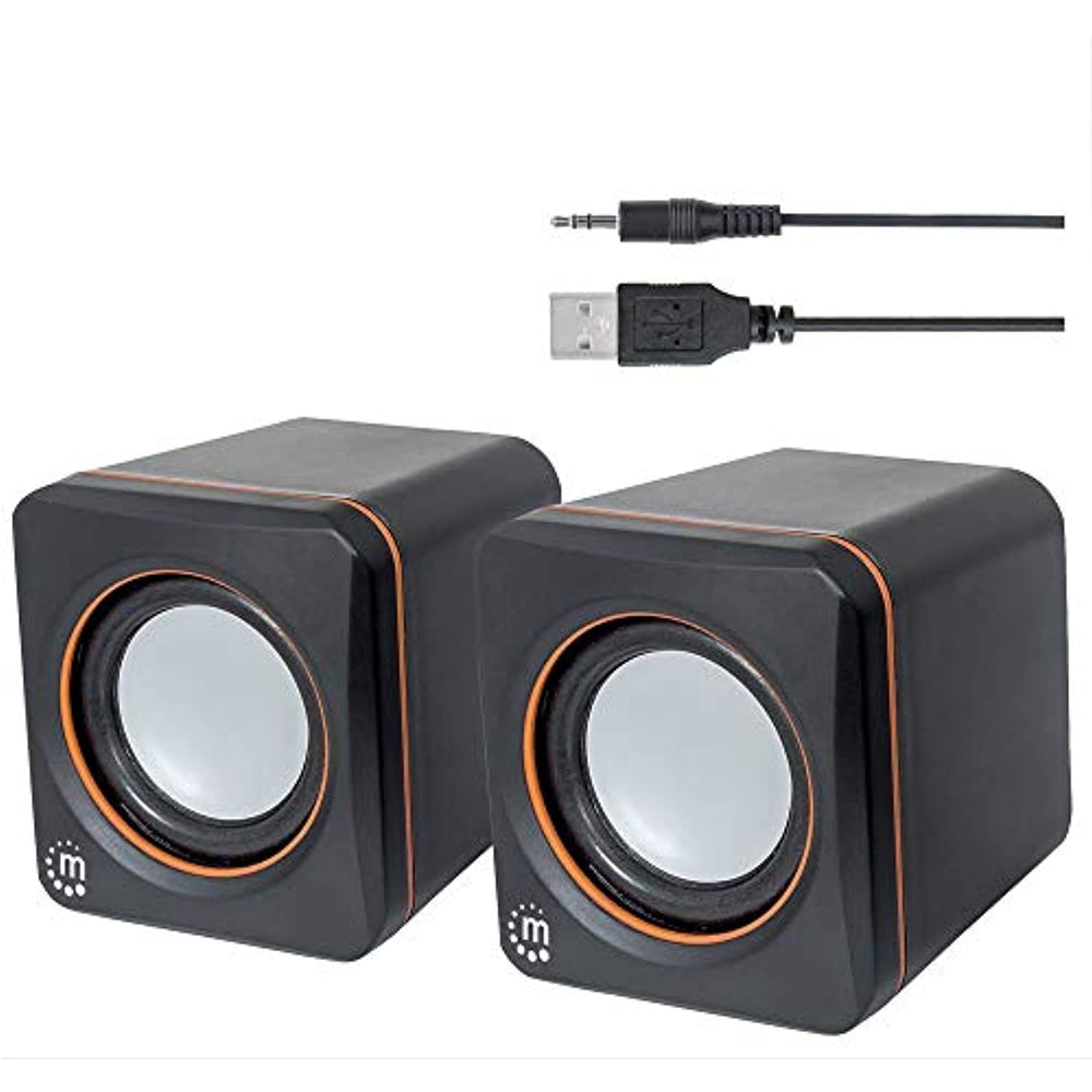 Manhattan USB Powered Stereo Speaker System - Small Size - with Volume Control & 3.5 mm Audio Plug to Connect to Laptop, Notebook, Desktop, Computer - 3 Year Warranty - Black Orange, 161435
