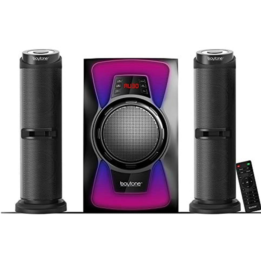 Boytone BT-424F, 2.1 Bluetooth Powerful Home Theater Speaker System, with FM Radio, SD USB Ports, Digital Playback, 50 Watts, Disco Lights, Full Function Remote Control, for Smartphone, Tablet.