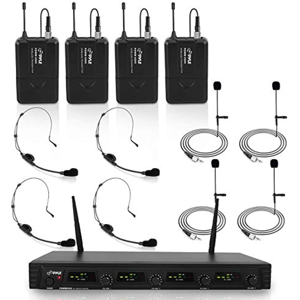 Pyle 4 Channel UHF Wireless Microphone System & Rack Mountable Base 4 Headsets, 4 Belt Packs, 4 Lavelier/Lapel MIC With Independent Volume Controls AF & RF Signal Indicators (PDWM4560)
