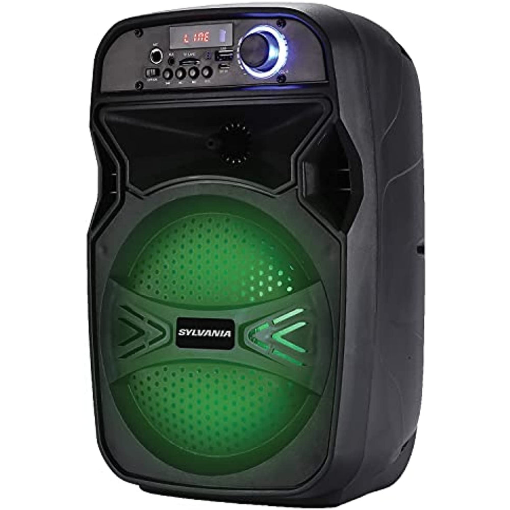 Sylvania Spa657-b Rechargeable 6.5-inch 10-watt Portable Bluetooth Tailgate Speaker With Fm Radio, Led Lighting, And Karaoke Function