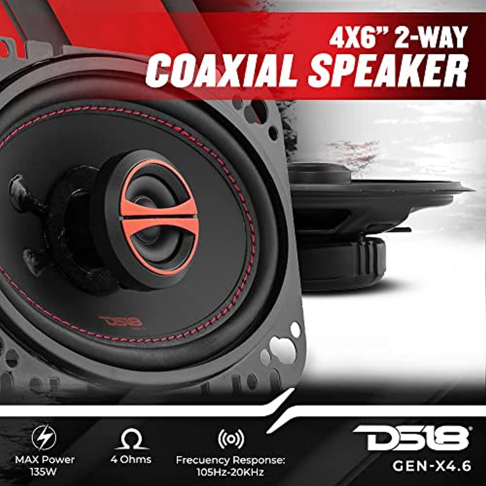 DS18 GEN-X4.6 Coaxial Speaker - 4x6, 2-Way, 135W Max, 45W RMS, Black Paper Cone, Mylar Dome Tweeter, 4 Ohms - Clarity Unparalled by Other Speakers in Their Class (2 Speakers)