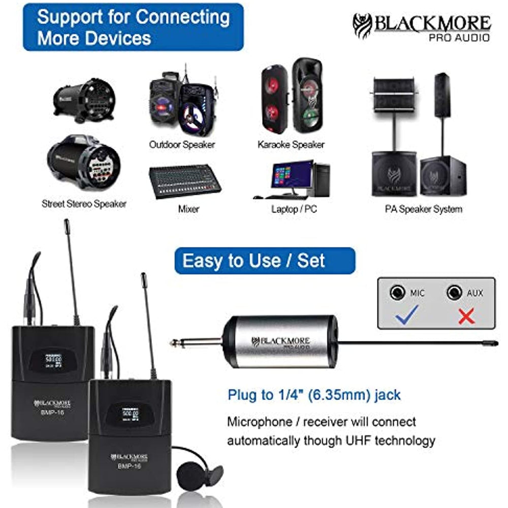Blackmore Pro Audio Bmp-16 Dual Portable Dynamic Lapel UHF Microphone System