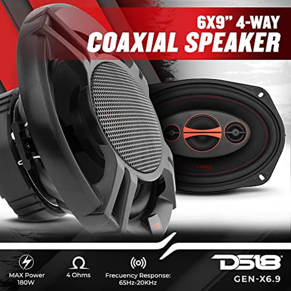 DS18 GEN-X6.9 Coaxial Speaker - 6x9, 4-Way, 180W Max, 60W RMS, Black Paper Cone, Two Mylar Dome Tweeters, 4 Ohms - Clarity Unparalled by Other Speakers in Their Class (2 Speakers)