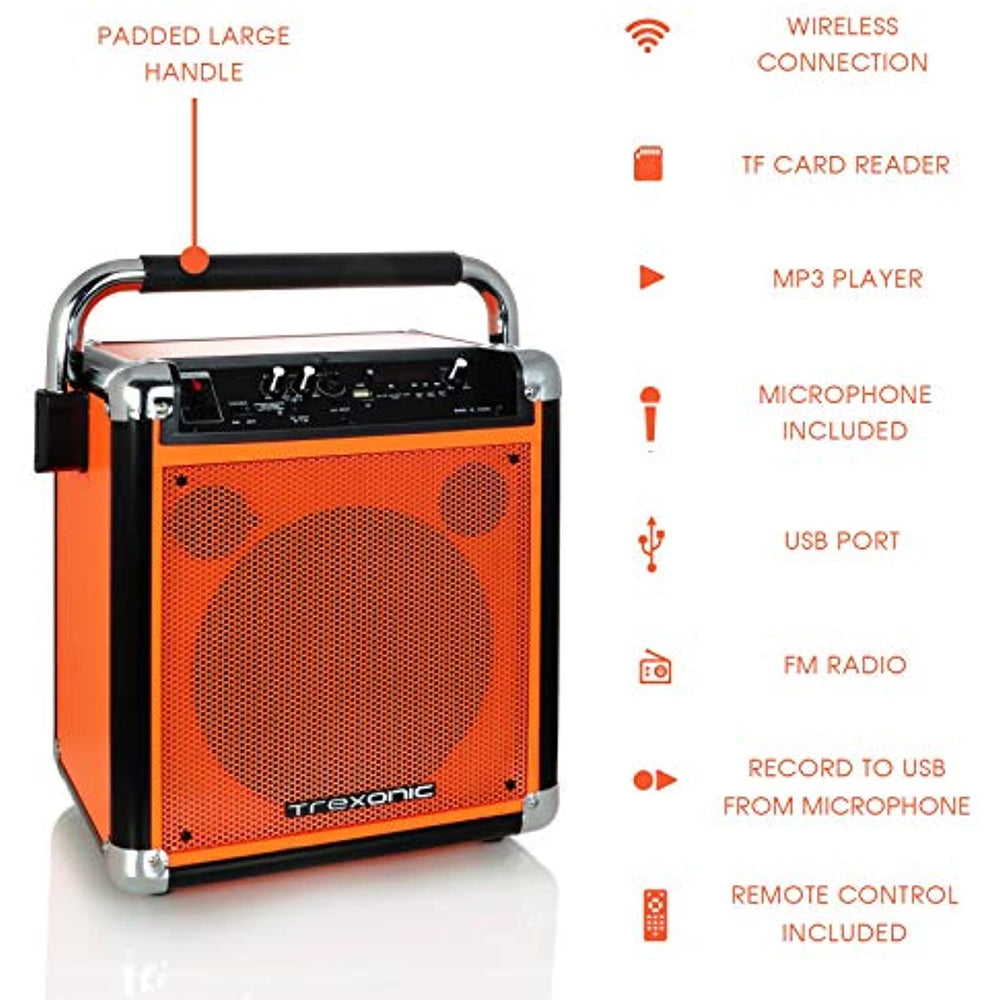 Trexonic Wireless Portable Party Speaker with USB Recording, FM Radio & Microphone, Orange