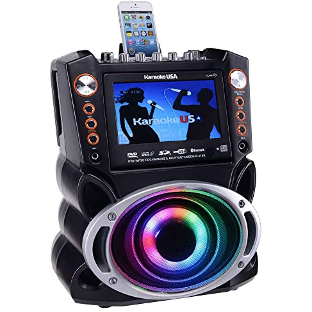 Karaoke USA GF946 GF946 DVD/CD+G/MP3+G Bluetooth 35-Watt Karaoke System with 7-Inch TFT Digital Color Screen, LED Lights, HDMI Output, and 2 Microphones