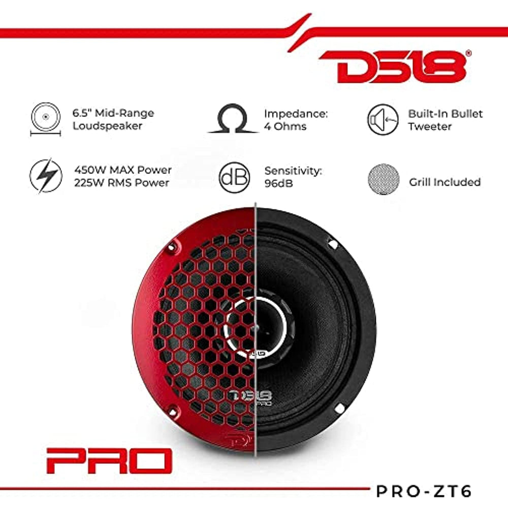 DS18 PRO-ZT6 and DSFR6 Pair of 6.5 Inch 2-Way Pro Audio Midrange Speakers with Built-in Super Bullet Tweeter and Pair of 6.5-Inch Car Foam Speaker Baffles with Fast Rings (2 Speakers and 2 Baffles)