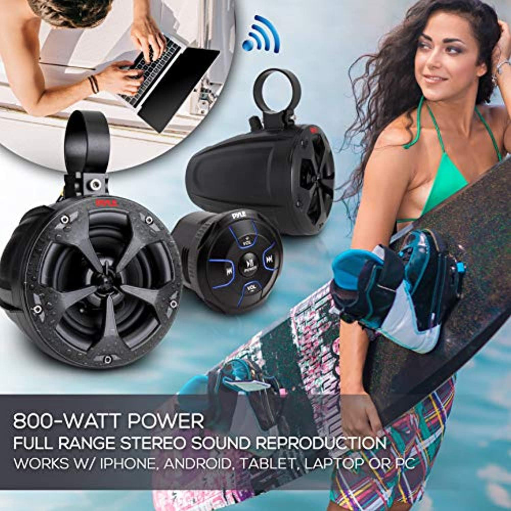 2-Way Dual Bluetooth Off-Road Speakers - 4 Inch 800W Marine Waterproof Wakeboard Speakers, Full Range Outdoor for ATV, Snow Mobile UTV, Quad, Jeep, Boat - Pyle PLUTV46BTA, Black