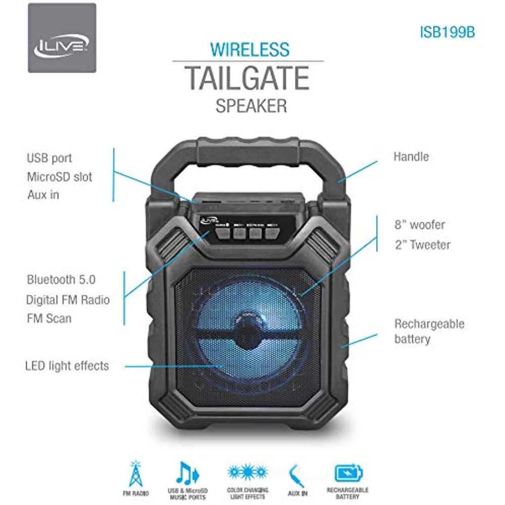 iLive ISB199B Wireless Tailgate Party Speaker, with LED Light Effects and Built-in Rechargeable Battery, Black