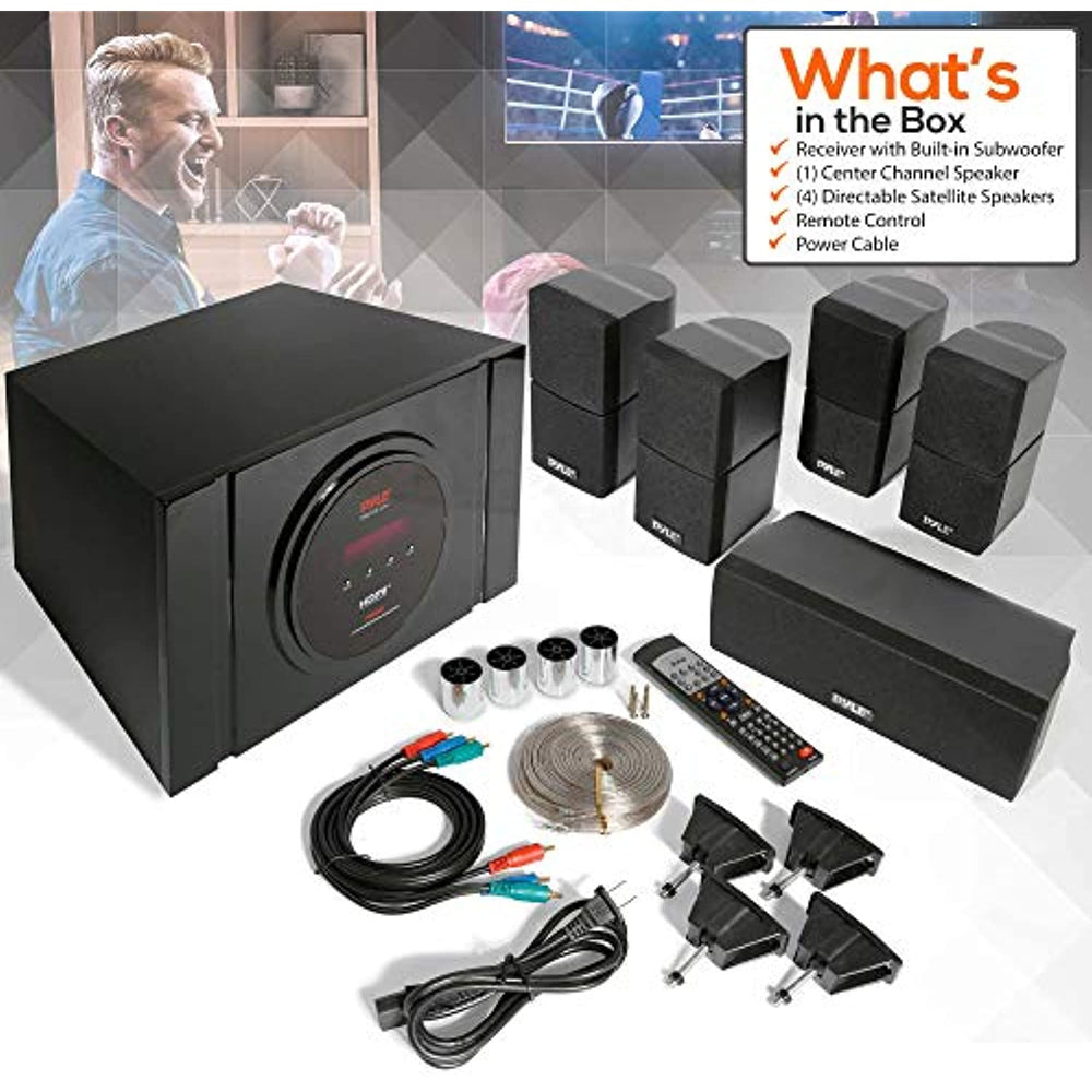 Pyle 5.1 Channel Home Theater Speaker System - 300W Bluetooth Surround Sound Audio Stereo Power Receiver Box Set w/ Built-in Subwoofer, 5 Speakers, Remote, FM Radio, RCA - PT589BT,Black