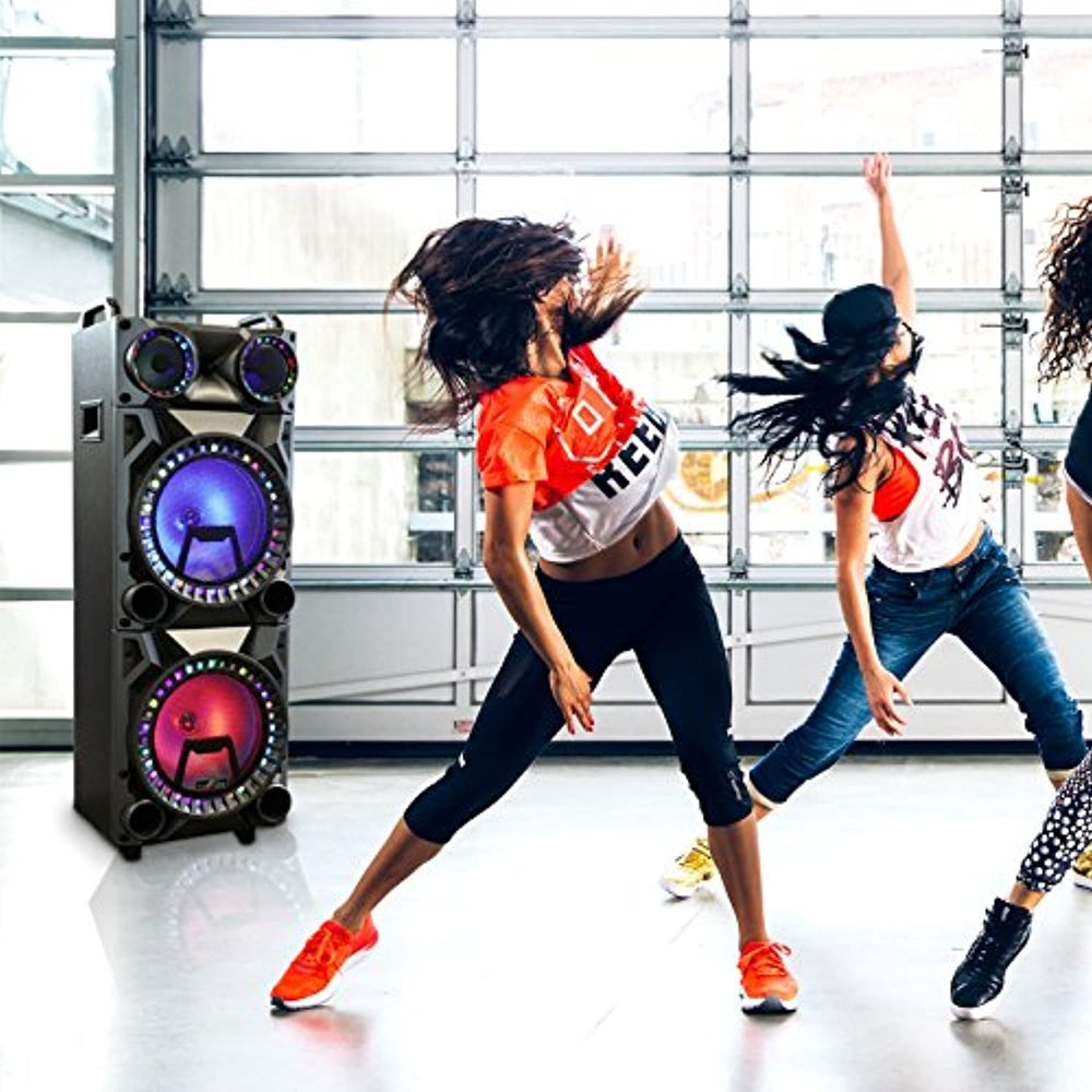 beFree Sound Rechargeable Bluetooth 12inch Double Subwoofer Portable Party Speaker with Dual Layer Reactive Party Lights, USB, SD and AUX Inputs with FM Radio